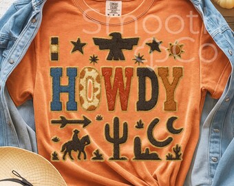 Howdy Western PNG, Letras retro con cactus vaquero y herradura para sublimación, Regalo bohemio, Descarga digital
