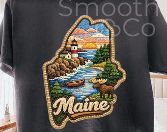Maine PNG, Lighthouse and Moose Coastal State Outline Sublimation, New England Travel Souvenir Gift, Digital Download