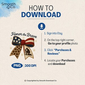 Puede incluir: Un gr&aacute;fico instructivo con el texto "HOW TO DOWNLOAD" y un dise&ntilde;o de lazo patri&oacute;tico que dice "Honor the Brave". El lazo presenta la bandera estadounidense, estrellas y un soldado arrodillado. Se proporcionan instrucciones para descargar una compra de Etsy.