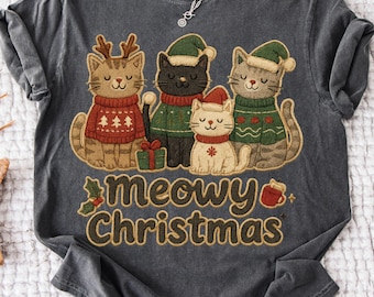 Meowy Christmas PNG, Cute Cats Sweater Sublimation, Retro Winter Holiday Gift, Digital Download
