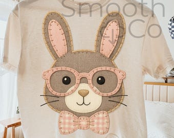 Bunny with Glasses PNG, applique stitched clipart, cute pastel rabbit face for Easter shirts, stickers and nursery decor, Digital Download