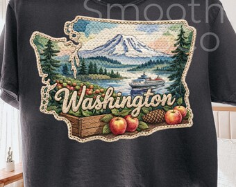Washington PNG, Scenic State Outline Sublimation, Mount Rainier Ferry Evergreens and Apples Scenic Gift, Digital Download