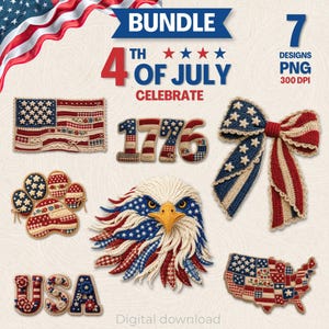 May include: A digital download bundle featuring seven patriotic designs for the 4th of July. Includes an American flag, the number 1776, a bow, an eagle, a paw print, the word "USA", and a map of the USA, all in red, white, and blue.