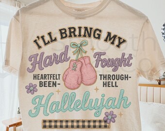 Hard Fought Hallelujah PNG, Retro Boxing Gloves Christian shirt design, Pastel Chenille Look, Sublimation Digital Download