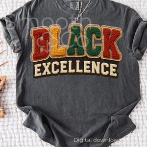 May include: A charcoal gray t-shirt with the words "BLACK EXCELLENCE" in a colorful, textured design. The letters are in red, yellow, and green, with a brown border. The shirt has a vintage, worn look.