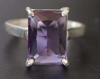 Emerald Cut Amethyst Solitaire Ring, 925 Sterling Silver, February Birthstone