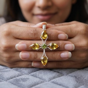Natural Citrine & Peridot Pendant, 925 Sterling Silver, Handmade November Birthstone Jewelry, Pear Cut Gemstone, Cross Necklace Gift for Her
