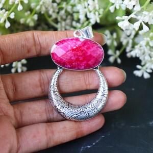 Pendentif rubis rose, argent sterling 925, collier croissant de lune, bijoux bohèmes, pierre précieuse de taille ovale, cristal de guérison, cadeau céleste pour elle