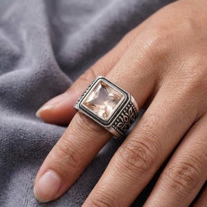Morganite Ring, 925 Sterling Silver, Square Gemstone, Men's Signet Ring, Antique Style Peach Gemstone Band, Boho Statement Ring Gift for Him