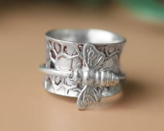 Sterling Silver Honey Bee Ring: Handmade Boho Statement Jewelry