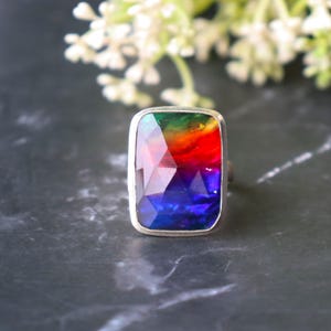 Natural Ammolite Ring, Sterling Silver, Faceted Rainbow Gemstone, Geometric Statement Ring
