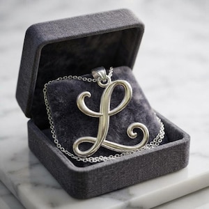 May include: A silver-toned pendant shaped like the cursive letter L, suspended from a delicate matching chain. The necklace is displayed inside a dark gray, fabric-lined jewelry box with a soft, plush interior cushion for secure presentation.