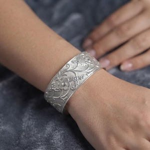 Vintage Floral Repousse Cuff Bangle, Textured Botanical Sterling Silver Statement Jewelry