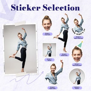 Puede incluir: Una selecci&oacute;n de pegatinas que presentan a una mujer en varias poses y dise&ntilde;os. Las pegatinas incluyen opciones de cuerpo completo, parte superior del cuerpo y solo cabeza. El texto en la imagen dice "Sticker Selection" y "LOOK WHO'S 20".