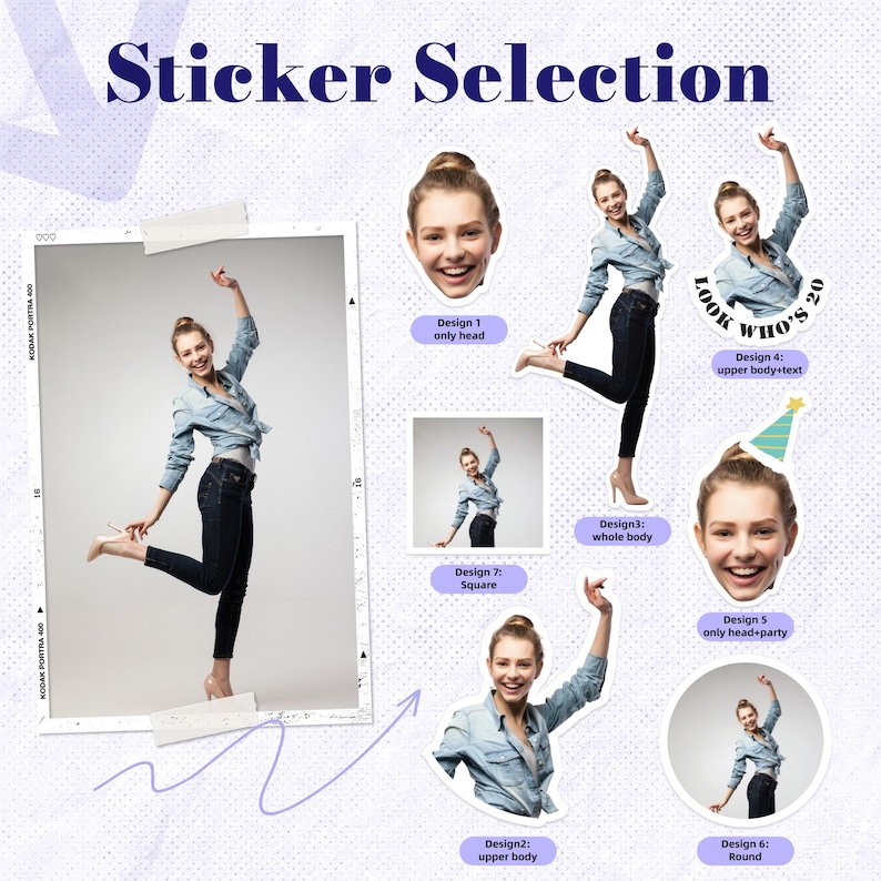 Puede incluir: Una selecci&oacute;n de pegatinas que presentan a una mujer en varias poses y dise&ntilde;os. Las pegatinas incluyen opciones de cuerpo completo, parte superior del cuerpo y solo cabeza. El texto en la imagen dice "Sticker Selection" y "LOOK WHO'S 20".