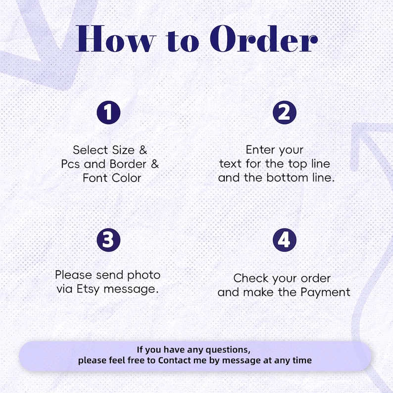 Puede incluir: Un gr&aacute;fico titulado "C&oacute;mo ordenar" con pasos numerados. Las instrucciones incluyen seleccionar el tama&ntilde;o, ingresar texto, enviar una foto a trav&eacute;s del mensaje de Etsy y verificar el pedido. Una pancarta de color p&uacute;rpura claro en la parte inferior dice: "Si tiene alguna pregunta, no dude en contactarme por mensaje en cualquier momento."
