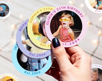 Pegatinas personalizadas para fotos de 21 cumpleaños, pegatinas para fiestas de cumpleaños, baby shower, despedidas de soltera y regalos de cumpleaños.