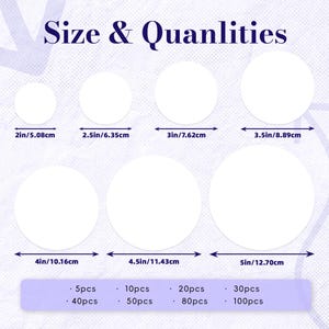 Puede incluir: Imagen que muestra pegatinas circulares blancas de varios tama&ntilde;os, que van desde 5,08 cm hasta 12,70 cm de di&aacute;metro. La imagen tambi&eacute;n muestra las cantidades disponibles, de 5 a 100 piezas. El texto en la parte superior dice "Size & Quantities."