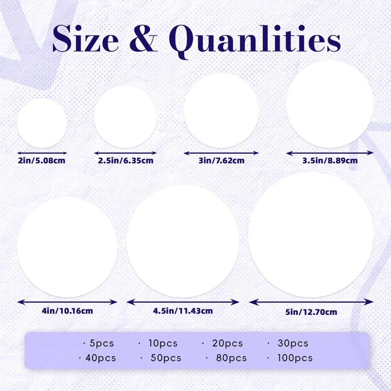 Puede incluir: Imagen que muestra pegatinas circulares blancas de varios tama&ntilde;os, que van desde 5,08 cm hasta 12,70 cm de di&aacute;metro. La imagen tambi&eacute;n muestra las cantidades disponibles, de 5 a 100 piezas. El texto en la parte superior dice "Size & Quantities."
