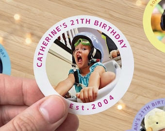 Pegatinas personalizadas para fotos de 21 cumpleaños, pegatinas para fiestas de cumpleaños, baby shower, despedidas de soltera y regalos de cumpleaños.