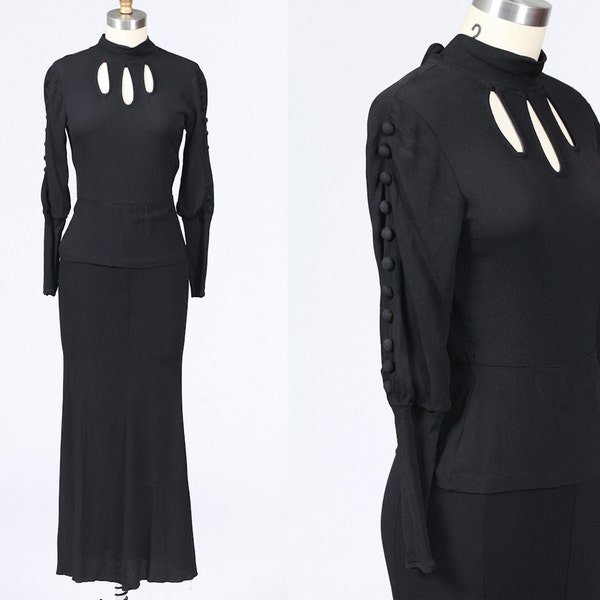1930s dress/ 30s rayon gown/ cut outs