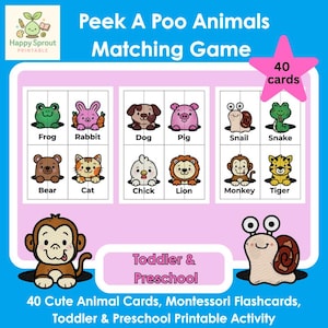 Puede incluir: Un juego de emparejamiento imprimible llamado "Peek A Poo Animals" con 40 tarjetas. El juego presenta ilustraciones de animales como una rana, un conejo, un perro, un cerdo, un caracol, una serpiente, un oso, un gato, un pollito, un león, un mono y un tigre. Para niños pequeños y preescolares.