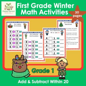 Op de afbeelding: Een afdrukbaar werkblad voor winterwiskunde-activiteiten voor de eerste klas. Het werkblad bevat optel-, aftrek- en gemengde oefenopgaven, met woordproblemen. De titel luidt "First Grade Winter Math Activities" en "Add & Subtract Within 20".