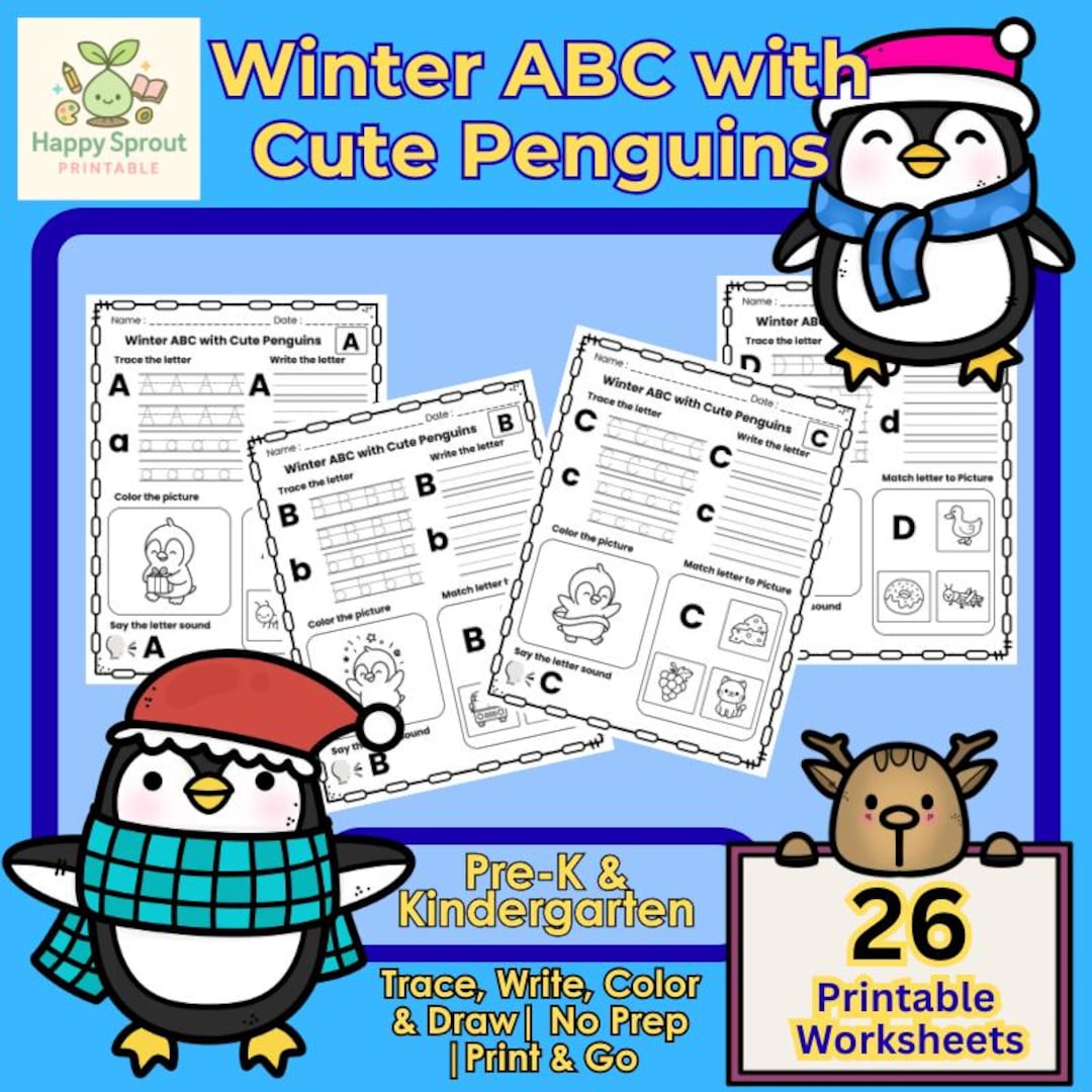 Penguin ABC Winter Worksheet | Pre-k, Kindergarten (printable) - Etsy