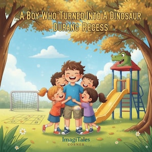 Puede incluir: Ilustración colorida de un libro infantil titulado "Un niño que se convirtió en dinosaurio durante el recreo". La imagen muestra a un grupo de niños abrazándose cerca de un parque infantil con un tobogán y una cabeza de dinosaurio.