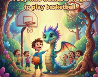 Puede incluir: Una ilustración caprichosa representa a un niño y un dragón en una cancha de baloncesto. El dragón es azul y verde con cuernos morados. El niño sostiene una pelota de baloncesto. El texto dice: "Un niño que entrenó a un dragón para jugar al baloncesto."