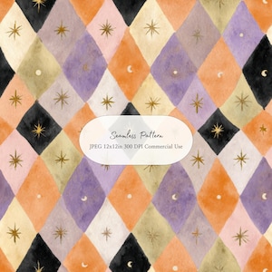 Könnte beinhalten: Ein nahtloses Muster mit einem Rautenraster in Aquarelltönen von Orange, Lila, Schwarz und Creme. Jede Raute enthält einen goldenen Stern oder einen Halbmond. Der Text in der Mitte lautet: Seamless Pattern, JPEG 12x12in 300 DPI Commercial Use.