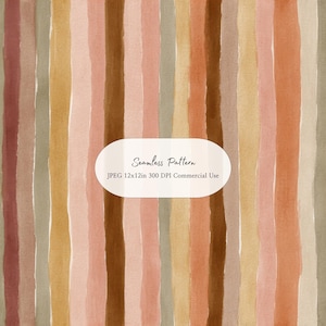 May include: A seamless pattern featuring vertical watercolor stripes in shades of terracotta, dusty pink, sage green, and golden yellow. A white oval overlay in the center displays the text: Seamless Pattern, JPEG 12x12in 300 DPI Commercial Use.