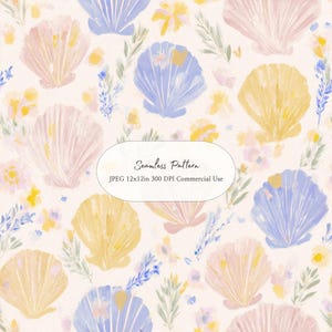 May include: A seamless pattern featuring painted seashells in shades of soft pink, yellow, and periwinkle blue, interspersed with small floral sprigs on a cream background. Text in the center reads: Seamless Pattern JPEG 12x12in 300 DPI Commercial Use.
