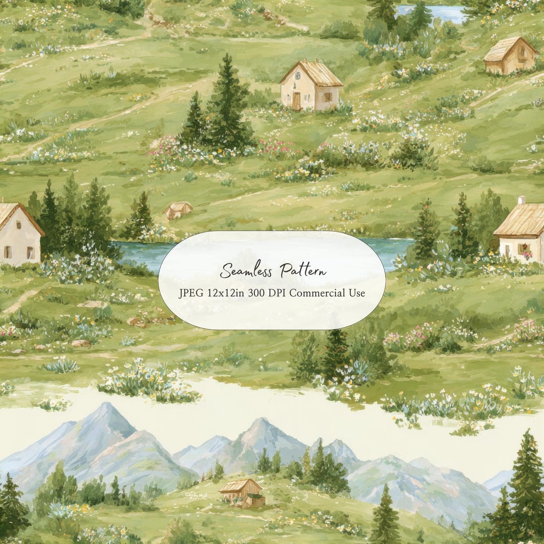 Alpine Meadow Lake Seamless Pattern L Mountain Cottage Digital Paper ...