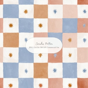 May include: A seamless pattern featuring a grid of squares in muted blue, terracotta, and white. Each square contains a small, multi-pointed star icon in contrasting colors. Text in the center reads: Seamless Pattern JPEG 12x12in 300 DPI Commercial Use.