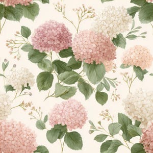 Puede incluir: Un patrón continuo con ilustraciones de acuarela de flores de hortensia. El diseño presenta flores rosas, rosadas y blancas con hojas y tallos verdes sobre un fondo crema. El patrón floral se repite.