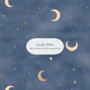 Whimsical seamless celestial pattern featuring soft crescent moons and tiny golden stars scattered across a dusty blue night sky background.
Blue night sky seamless pattern with crescent moons, tiny stars, and a dreamy vintage celestial aesthetic.
