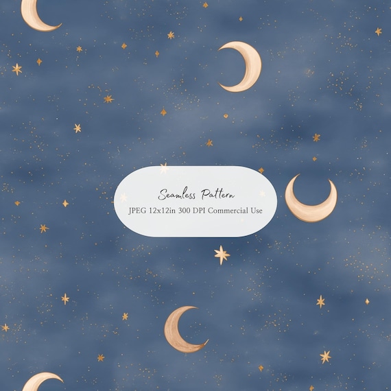 Celestial Moon and Stars Seamless Pattern l Blue Night Sky Whimsical Moon Watercolor Digital Paper Vintage Background 12x12in JPEG