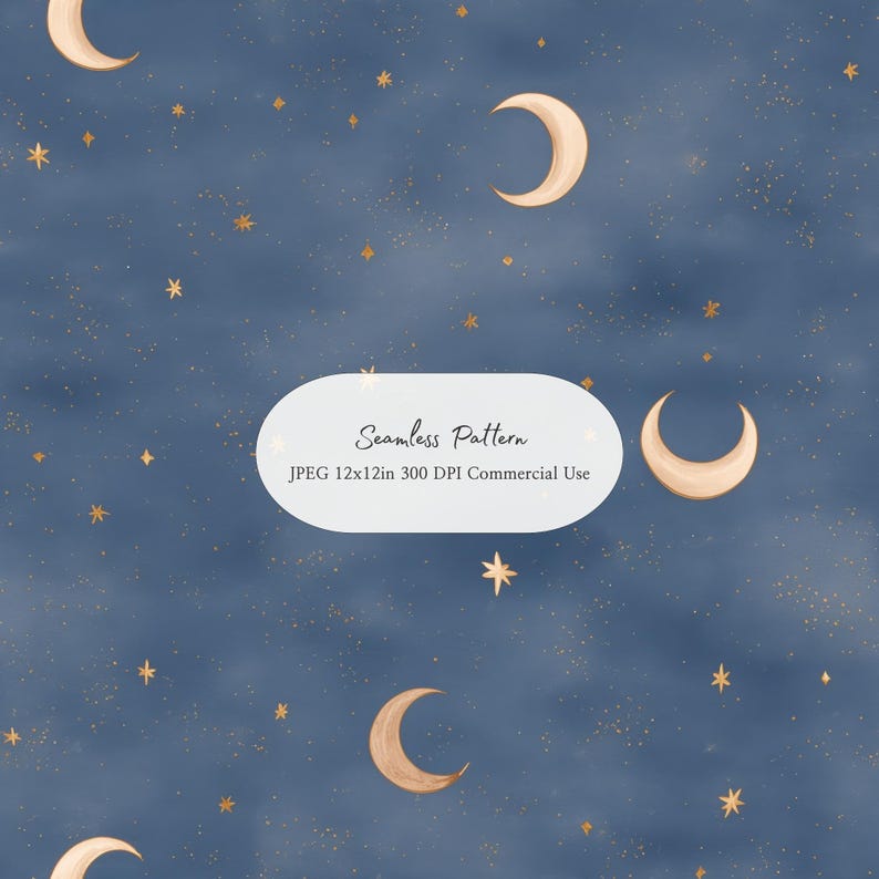 Whimsical seamless celestial pattern featuring soft crescent moons and tiny golden stars scattered across a dusty blue night sky background.
Blue night sky seamless pattern with crescent moons, tiny stars, and a dreamy vintage celestial aesthetic.