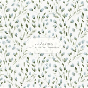 May include: Seamless pattern featuring watercolor-style botanical elements. The design includes light blue and green leaves and buds on a white background. The image includes the text "Seamless Pattern".