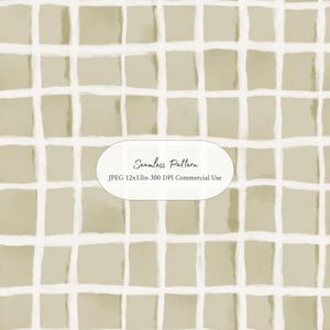 May include: A seamless pattern featuring a grid of soft sage green squares separated by uneven white lines. A central white oval label contains the text: Seamless Pattern, JPEG 12x12in 300 DPI Commercial Use, printed in black.