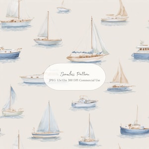 Puede incluir: Patrón sin costuras de acuarela con varios veleros y lanchas motoras en tonos azules, beige y blancos. Los barcos están dispersos sobre un fondo beige claro. El texto "Seamless Pattern" es visible.