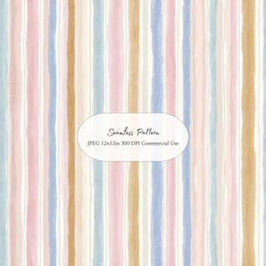 May include: Watercolor seamless pattern with vertical stripes in pastel colors. The stripes are in shades of pink, blue, beige, and brown. The image includes the text "Seamless Pattern" and "JPEG 12x12in 300 DPI Commercial Use".