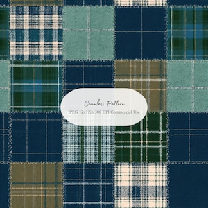 Könnte beinhalten: Ein nahtloses Muster aus einem Gitter von quadratischen Flicken mit verschiedenen Schottenkaro- und Plaid-Designs in Marineblau, Waldgrün, Salbei und Creme. Ein zentrales weißes ovales Etikett zeigt den Text Seamless Pattern JPEG 12x12in 300 DPI Commercial Use.