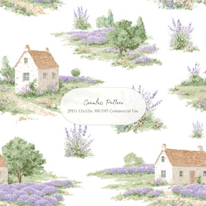 Lavender Cottage Seamless Pattern, Watercolor Provence Digital Paper, French Countryside Floral PNG Cottage Garden 12x12in JPEG