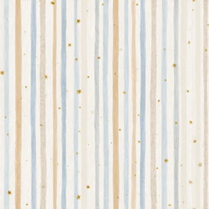 May include: Watercolor-style pattern featuring vertical stripes in beige, light blue, and tan, interspersed with small gold stars. The design has a soft, textured appearance, suitable for various applications.