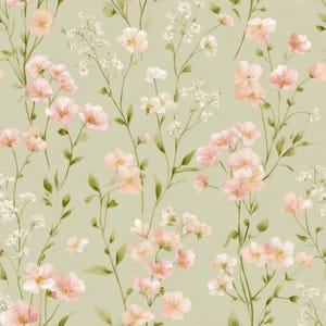 May include: A seamless pattern featuring delicate pink and white flowers with yellow centers, set against a soft, muted green background. The floral design includes detailed stems and leaves, creating a natural, botanical theme.