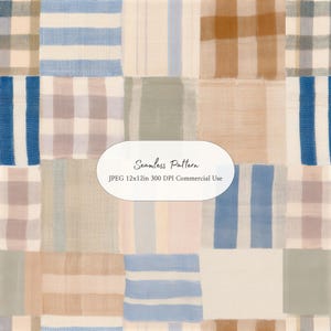 May include: A seamless pattern featuring a grid of squares with various textile designs in shades of blue, beige, tan, and sage green. The central white oval label contains the text: Seamless Pattern, JPEG 12x12in 300 DPI Commercial Use.