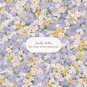Puede incluir: Un patrón floral sin costuras con una densa disposición de pequeñas flores en tonos lavanda, blanco, amarillo y rosa. El diseño incluye el texto "Seamless Pattern" y "JPEG 12x12in 300 DPI Commercial Use".