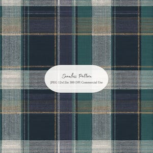 Könnte beinhalten: Ein nahtloses Schottenkaro-Muster mit sich kreuzenden Linien in Dunkelmarine, Waldgrün und Weiß sowie dünnen beigen Akzentstreifen. Ein weißes ovales Etikett in der Mitte zeigt den Text: Seamless Pattern, JPEG 30,48x30,48cm 300 DPI Commercial Use.
